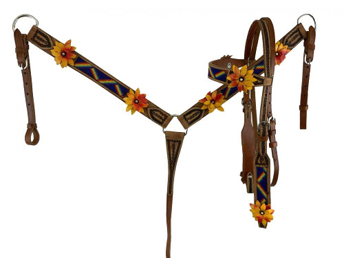 Showman Rainbow Beaded Leather Headstall & Breast Collar w/ 3D Leather Flowers