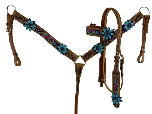 Showman Aztec Beaded Leather Headstall & Breast Collar Set w/ 3D Leather Flowers