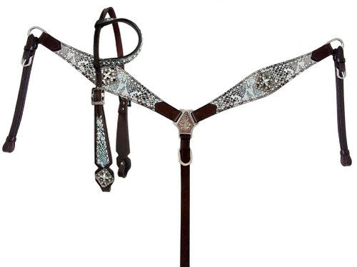 Showman Silver Snakeskin Print Single Ear Headstall & Breast Collar Set