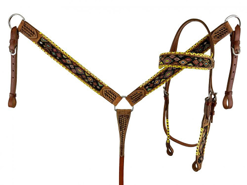 Showman Beaded Browband Leather Headstall & Breast Collar Set w/ Yellow Laced Accent