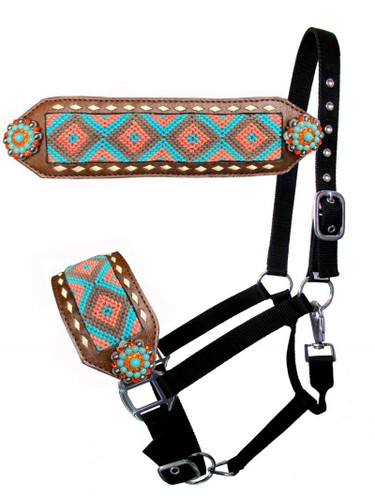 Showman Nylon Bronc Halter w/ Teal & Coral Southwest Fabric Inlay