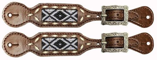 Showman Ladies Leather Spur Straps w/ Black & White Southwest Fabric Inlay