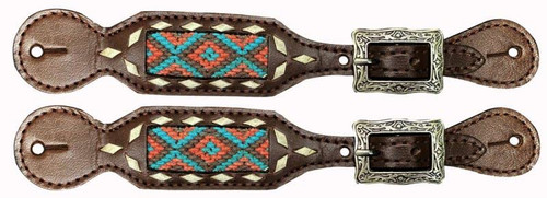 Showman Ladies Leather Spur Straps w/ Teal & Coral Southwest Fabric Inlay