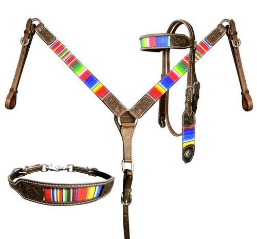 Showman Rainbow Serape Print Browband Leather Headstall & Breast Collar Set