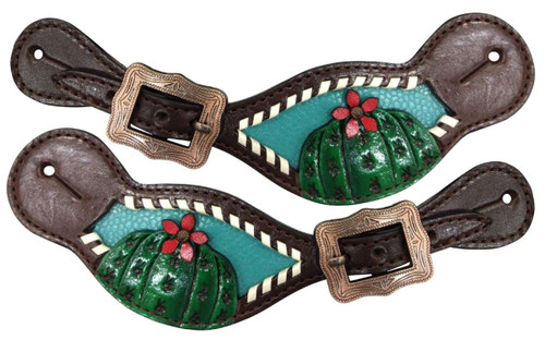 Showman Ladies Cactus & 3D Flower w/ Teal Inlay Leather Spur Straps