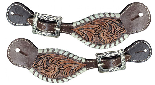 Showman Ladies Two-Tone Floral Tooled Spur Straps w/ Rawhide Lacing