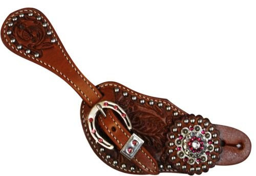 Showman Ladies Leather Spur Straps w/ Acorn Tooling & Pink Crystal Rhinestones