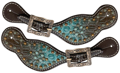 Showman Ladies Leather Spur Straps w/ Brown & Teal Alligator Overlay