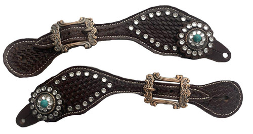 Showman Youth Basketweave Tooled Spur Straps w/ Turquoise Stones