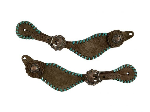 Showman Ladies Chocolate Roughout Leather Spur Straps w/ Teal Lacing