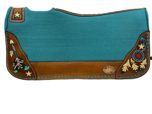 Klassy Cowgirl Barrel Style Teal Felt Saddle Pad w/ Painted Feather Design