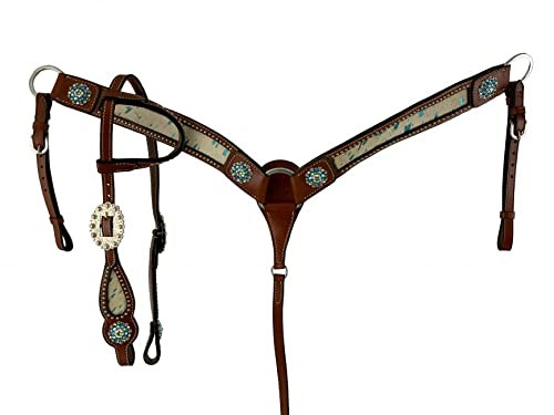 Showman Teal Acid Wash Cowhide Inlay Single Ear Leather Headstall & Breast Collar Set