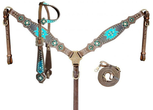 Showman Single Ear Chocolate Leather Headstall & Breast Collar Set w/ Black & Teal Southwest Accent