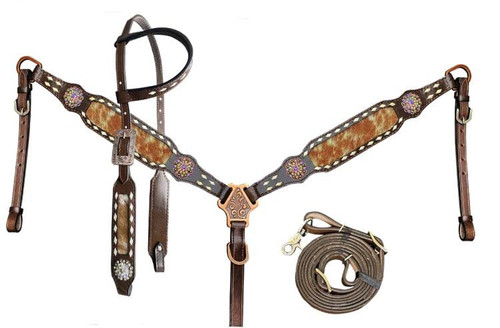 Showman Leather Single Ear Headstall & Breast Collar Set w/ Hair-On Cowhide