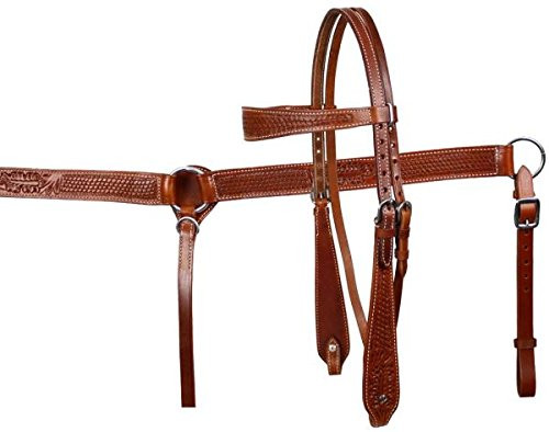 Showman Basket Weave Tooled Leather Headstall, Breast Collar & Reins Set