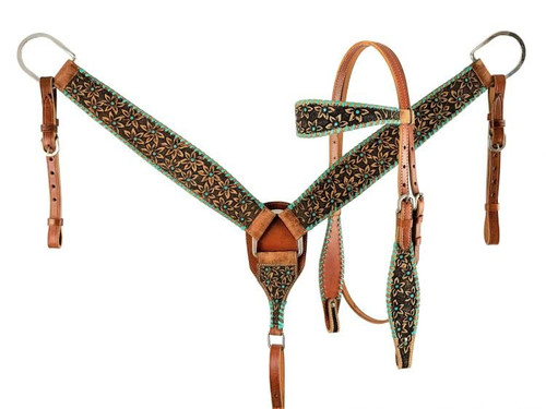 Showman Leather Headstall & Breast Collar Set w/ Tooled Flowers & Teal Accents