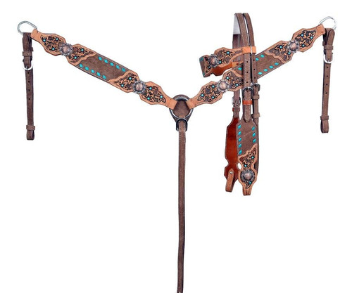 Showman Leather Browband Headstall & Breast Collar Set w/ Flower Tooling & Teal Buckstitch