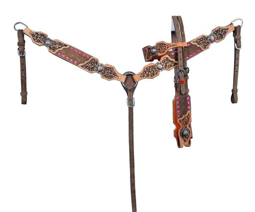 Showman Leather Browband Headstall & Breast Collar Set w/ Flower Tooling & Pink Buckstitch