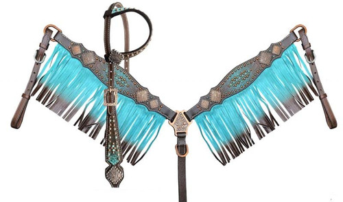 Showman Leather Headstall & Breast Collar Set w/ Teal & Brown Alligator Overlay