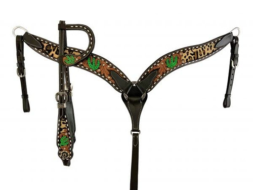 Showman Single Ear Headstall & Breast Collar Set w/ Cactus & Hair-On Cheetah Inlay