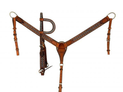 Showman Argentina Cow Leather Headstall & Breast Collar Set w/ Turquoise & Silver Studs