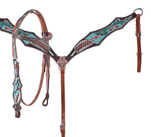 Showman Headstall & Breast Collar Set w/ Turquoise Beaded Inlays & Painted Feathers