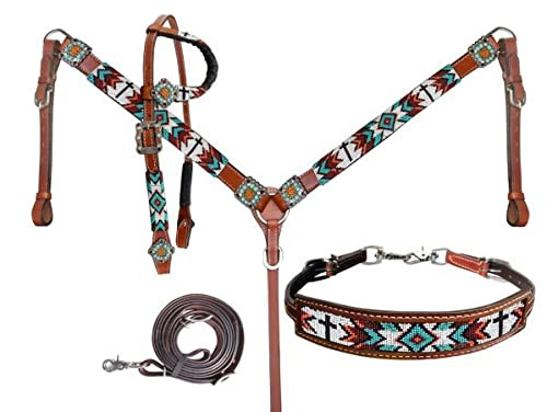 Showman Beaded Cross & Southwest Design Leather Headstall & Breast Collar Set