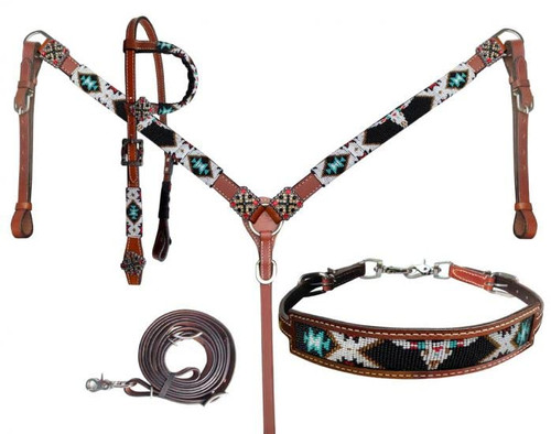 Showman Steer Skull Beaded Design Leather Headstall & Breast Collar Set