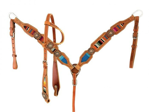 Showman Leather Headstall & Breast Collar Set w/ Serape Saddle Blanket Inlay