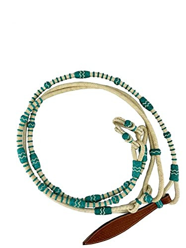 Showman Natural & Teal Braided Rawhide Romal Reins w/ Leather Popper