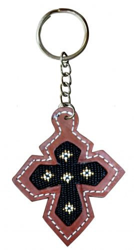 Showman Leather Cross Keychain w/ Black Beaded Inlay