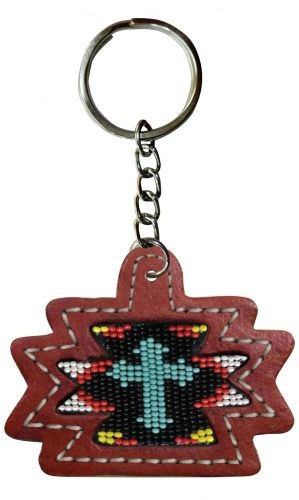 Showman Leather Aztec Key Chain w/ Beaded Cross Inlay