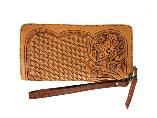 Showman Genuine Leather Clutch Wristlet w/ Floral Basketweave Tooling