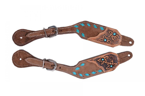 Showman Ladies Chocolate Rough-Out Leather Spur Straps w/Teal Buckstitch Trim