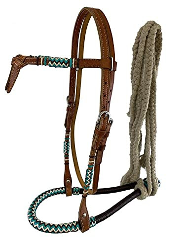 Showman Teal & Brown Rawhide Core Bosal Set w/ Cotton Mecate Reins