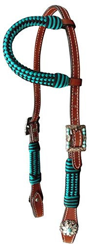 Showman Single Ear Leather Headstall w/ Teal & Black Braid & Turquoise Beading