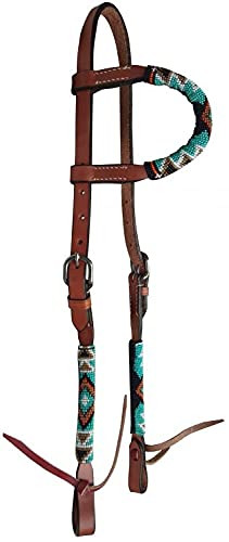 Showman Single Ear Leather Headstall w/ Southwest Beaded Design Overlay