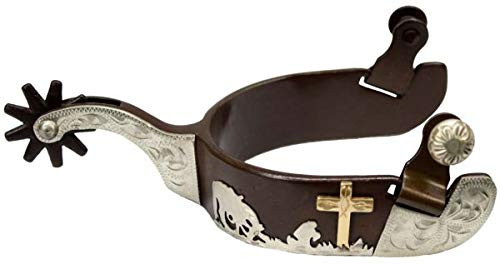 Showman Men's Brown Steel Show Spurs w/ Gold & Silver Praying Cowboy Design