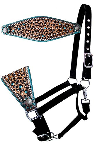 Showman Bronc Halter w/ Hair-On Cheetah Print & Teal Leather Noseband