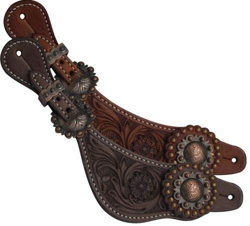 Showman Ladies Size Argentina Cow Leather Floral Tooled Spur Straps w/ Copper Conchos