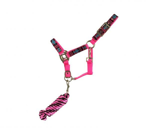 Showman Pony Pink Nylon Halter w/ Cross Print & Lead