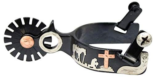 Showman Men's Black Steel Show Spurs w/ Copper Cross & Silver Praying Cowboy Design