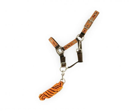 Showman Pony Brown Nylon Halter w/ Orange Running Horse Overlay & Lead