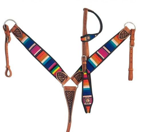 Showman Single Ear Leather Headstall & Breast Collar Set w/ Wool Serape Blanket Inlay