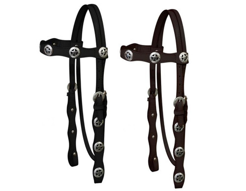 Double Stitched Leather Browband Headstall w/ Silver Texas Star Conchos & Reins