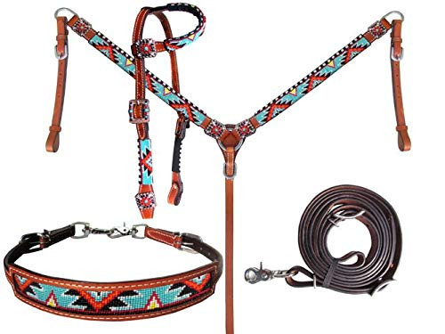 Showman Beaded Aztec Design 4 Piece Headstall & Breast Collar Set 