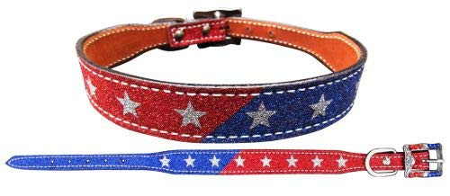 Showman Couture Red & Blue Glitter Overlay Leather Dog Collar