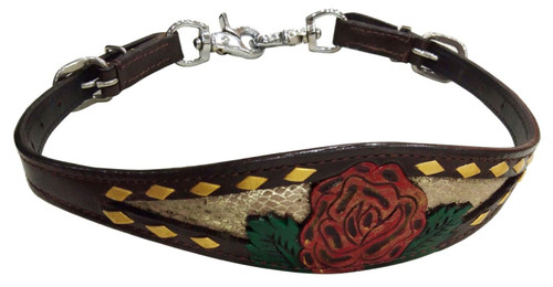 Showman Hand Painted Rose w/ Gold Snakeskin Inlay Leather Wither Strap