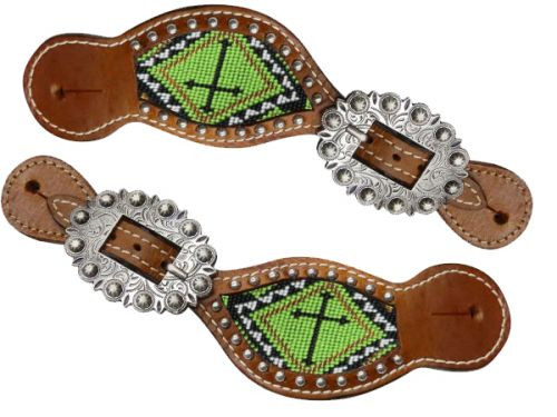 Showman Ladies Size Leather Spur Straps w/ Beaded Cross Inlay