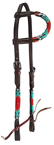 Showman Beaded Single Ear Leather Headstall w/ Southwest Design Overlay